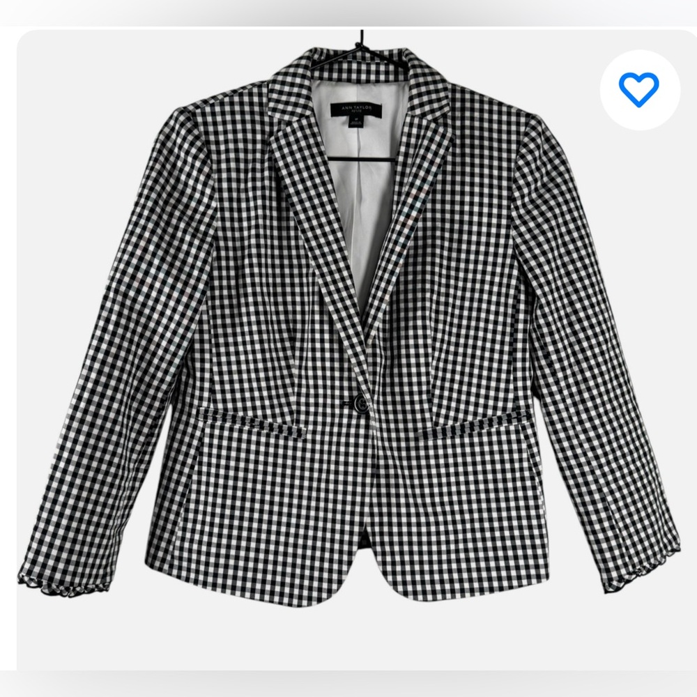 Ann Taylor Petite Single Button  Black and White Gingham Blazer Tailored Fit